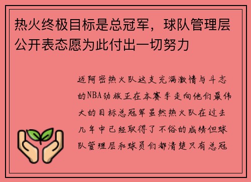 热火终极目标是总冠军，球队管理层公开表态愿为此付出一切努力